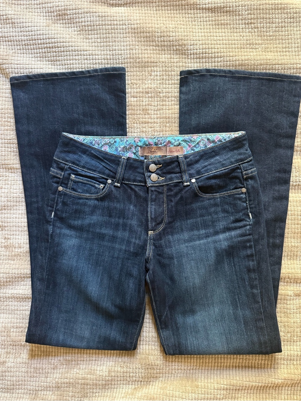 PAIGE Dark Blue Boot-Cut Jeans with Subtle Fade